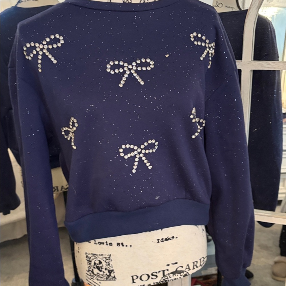 Navy Blue Sweater with Bow Accents